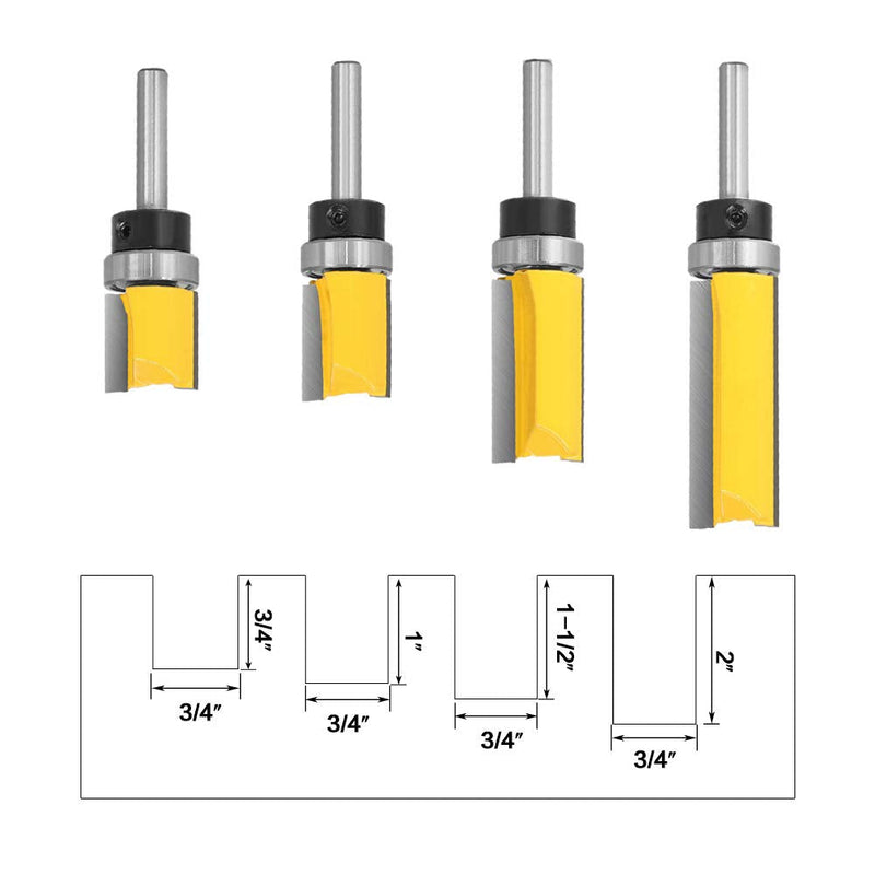 4Pcs Pattern Flush Trim Router Bit Set 1/4 inch Shank Template Router Bits 3/4 inch Cutting Dia Woodworking Router Tool by CHoiKWong (3/4 inch Cutting Diameter, Yellow) 3/4 inch Cutting Diameter