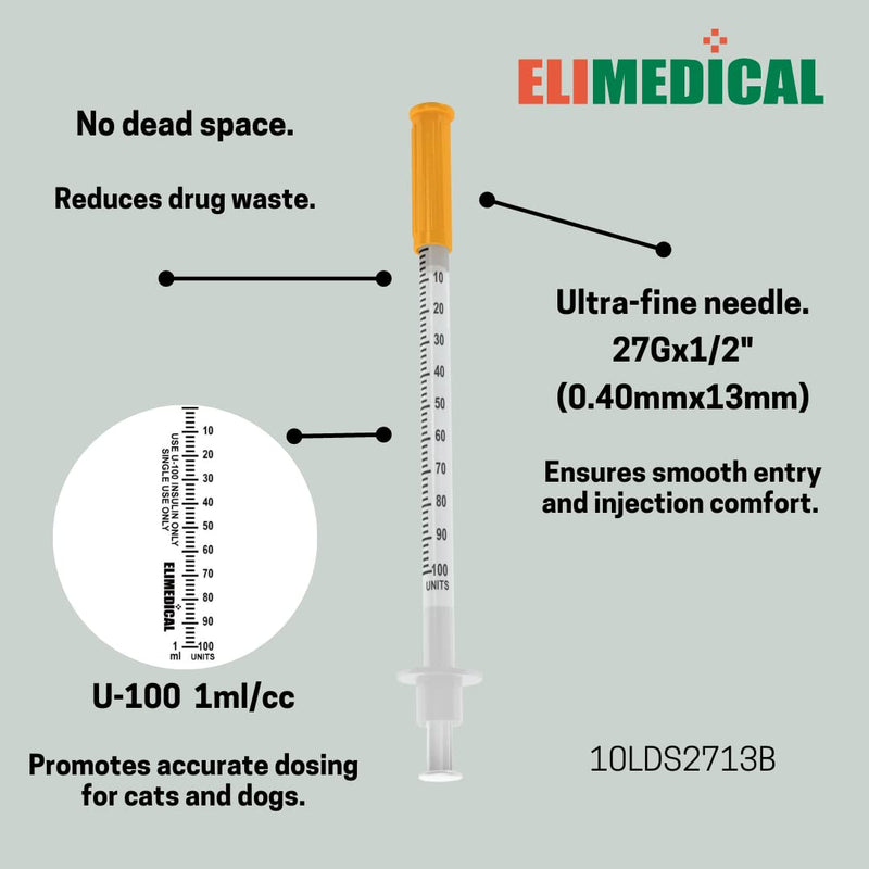 [Australia - AusPower] - Veterinary Insulin Syringe, U-100, 1cc (1ml), 27G x 1/2 inch (12.7mm), Individually Packed, for Pet Cat or Dog, 100 per box, 10LDS2713B 