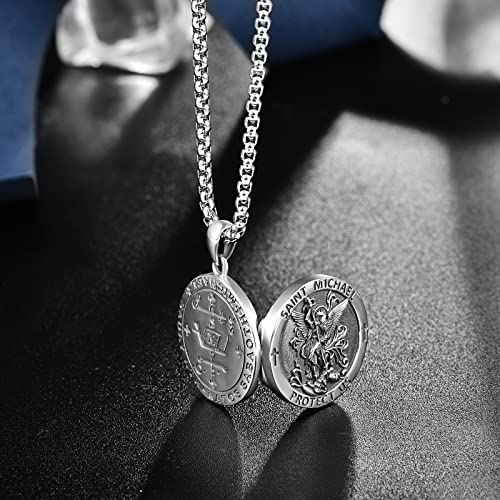 ADMETUS Locket St Michael Necklace for Men Sterling Silver Locket Saint Michael Necklace for Men Double Sided Round St Archangel Michael Pendant Sigil Protection Jewellery Religious Gifts