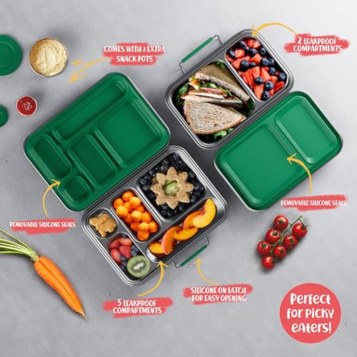 AOHEA Stainless Steel Lunch Box for Kids, Leak Proof Bento Lunch Box BPA Free 304 Stainless Steel Bento Box Stainless Bento Box with Containers for School and Office(Green) Green