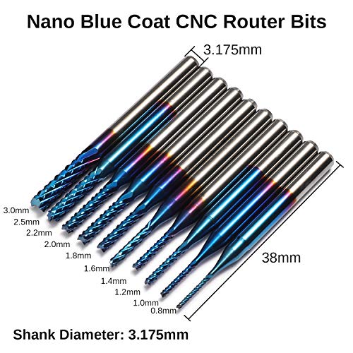 Genmitsu MC40A End Mill Set with a Total of 40 CNC Router Bits, 3.175 mm (1/8 Inch) Shank, CNC Cutter Set with 2 Flutes Flat and Ball End Mills, Nano Blue Coating and Titanium Coating MC40A (40PCS)