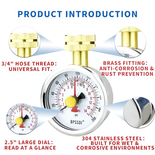 BPSSDI 0-200 PSI water pressure gauge with lazy hand, 2.5-inch dial and 3/4-inch hose thread