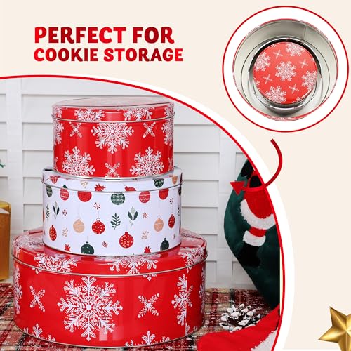 JOYIN 3PCS Christmas Cookie Tins with Lids for Gift Giving, Sturdy Holiday Baking Treat Metal Tins for Presents Wrapping, 3 Different Size Xmas Jars for Gift Giving, Party Food Dessert Containers