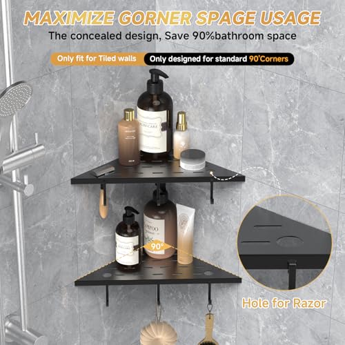Corner Shower Shelves 10" Matte Black 304 Stainless Steel Recessed Shelf for Bathroom，Shower Corner Rack with Razor Hole Hook，Grout in Shelf for Tiled Wall, 2 Pack (Black)