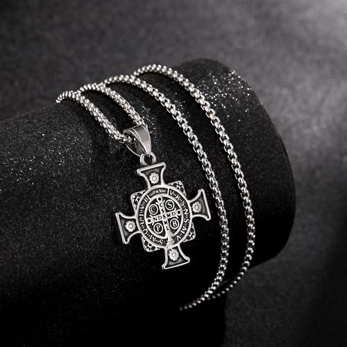 Saint Benedict Cross Necklace, Christian Sacramental Medal Pendant, Stainless Steel Ward off Evil Protection Jewelry