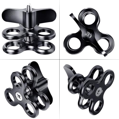 3-Hole 1" Aluminum Underwater Camera Clamp Ball Mount (2-Pack) - Underwater Bracket for Diving Light Arms & Camera Trays, Saltwater-Resistant Adapter for Scuba Photography/Videography Gear Triple Holes Black