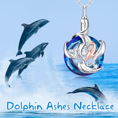 KINGWHYTE Dolphin Urn Necklace 925 Sterling Silver Crystal Ashes Necklace Urn Necklace for Ashes Crystal Cremation Keepsake Jewellery Ash Dolphin Gifts for Women Girls