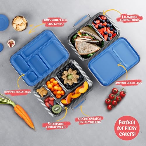AOHEA Stainless Steel Bento Box Kids, Kids Metal Bento Lunch Box BPA Free Lunch Box Containers 304 Stainless Steel Bento Box for School and Office(Bule) Blue-05