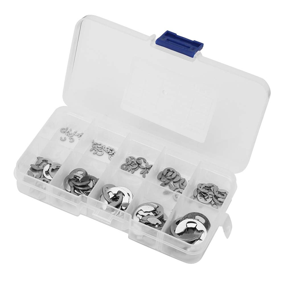 120Pcs 10 Size 304 Stainless Steel E-Clip Retaining Snap Opening Ring Circlip Kit 1.5/2 /3/4/5/6/7/8/9/10mm with Plastic Box