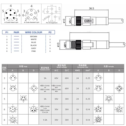 M8 6pin Female Male Power I/O Data Cable for Basler Camera ace 2 V, Boost R, Racer 2 S, Vision System Sensor Industrial Automation Control, A-Code, Shielded, 15m M8 6 pin female to male