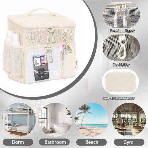 Shower Caddy Portable,Mesh Shower Tote for Bathroom, Gym, Travel, Bath Camping - Quick Dry Hanging Organizer Toiletry Bag with Handle for College Dorm Room, Men & Women (Beige) Beige