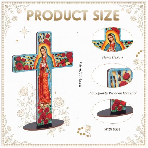 Yuntau 2 Pcs Floral Cross Table Decor Wooden Our Lady of Guadalupe Tabletop