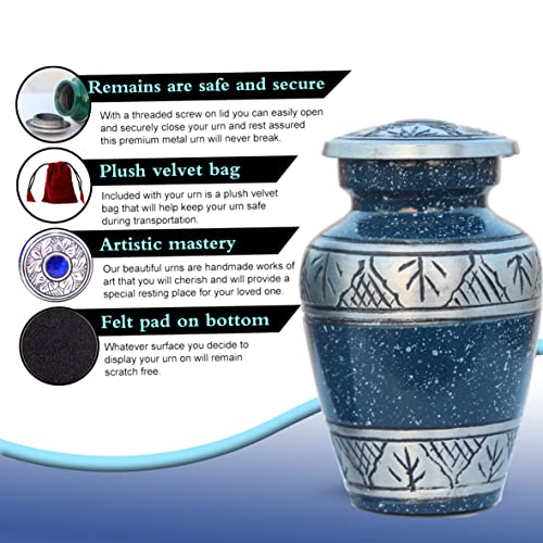 Blue Small Urns for Human Ashes Female Male | Set of 4 Premium Mini Keepsake Urns with Four Velvet Bags A Paper Funnel and A Stunning Magnet Closer Gift Box Blue