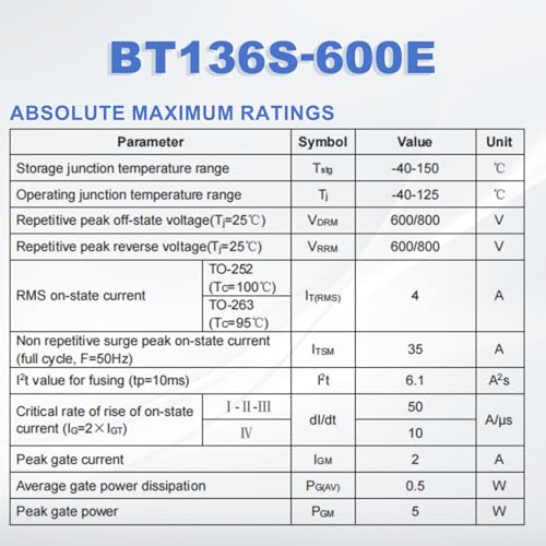 QUARKZMAN Pack of 5 Bidirectional Thyristor BT136S-600E TO-252 600V 4A Rail Silicon Controlled Rectifier for Electronic Instruments Smart Home Devices Drones