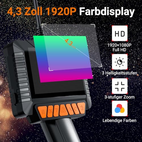 4.3 Inch IPS Endoscope Camera with Light 1080P HD - IP67 Waterproof Inspection Camera & Tube Camera with 8 LEDs, 5 m Semi-Rigid Probe for Car, Pipes, Household, No WiFi / App Required | Tube Camera with 8 LEDs, IP67 Waterproof Inspection Camera, Semi-R...