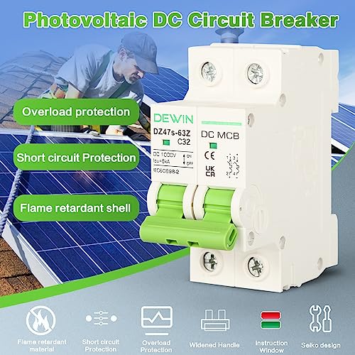 DEWIN Circuit Breaker 32A 2-Pin Solar Photovoltaic Isolator MCB Circuit Breaker for PV System 2P DC 1000V Type C 32ADC1000V