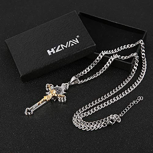 HZMAN Stainless Steel St. Benedict Crucifix Cross Necklace for Men Large Silver & Gold