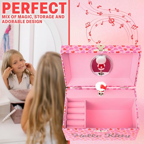Hello Kitty Sanrio Musical Jewelry Box for Girls Teens Women Kawaii Wind Up Music Box Jewelry Organizer Ring Holder Gifts for Women (Pink