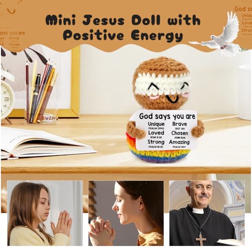 Onperpoe Positive Emotional Support Gift, Handmade Crochet Mini Jesus with Faith Based Bible Verse, Inspirational Gifts Spiritual Mental Health Support, Crochet Christian Gifts for Women Men