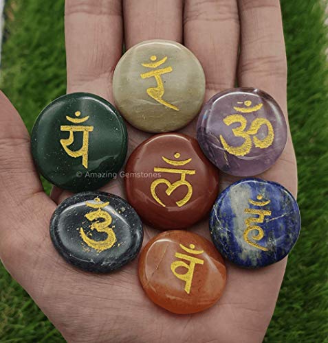 Amazing Gemstone 7 Chakra Disc Set Reiki Healing Crystal with Engraved Chakra OM Symbols Holistic Balancing Polished Palm Stones Set with Velvet Pouch