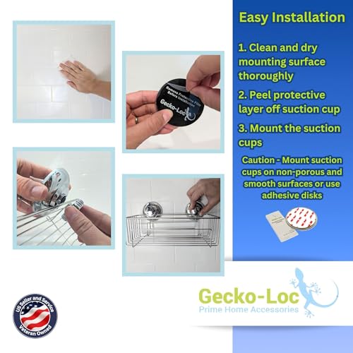 Gecko-Loc Large Combo suction cup wall mount bathroom shower caddy - shampoo storage basket shelf organizer caddie bath shelves - Black