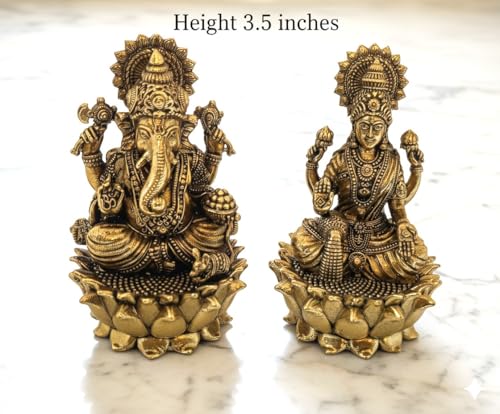 BEXCO Handcrafted Brass Lakshmi and Ganesha Statues Set – Approx. 3.5-Inch Lord Ganesha and Goddess Laxmi Idols Pair for Daily Pooja, Home Mandir Temple Decor, & Diwali Spiritual Gift (3.5 inch) 3.5 Inch