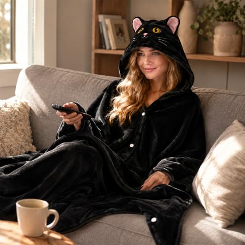 Emwwat Wearable Blanket Hoodie with Sleves, Black Cat Oversized Warm Flannel Blanket with Sleves Hoodie Gift for Mom, Girtfriend, Wife, Friend, Sister-Perfect for Christmas