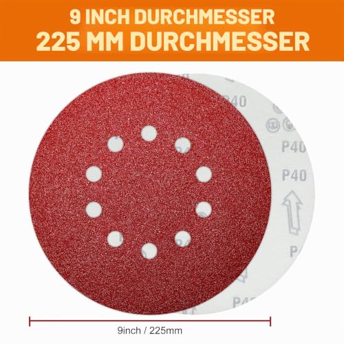 Pack of 30 Sandpaper 225 mm 40 Grit 10 Hole Sanding Discs 225 mm for Giraffe Drywall Sanders Sandpaper 225 mm 10 holes 30 pieces 40 grit