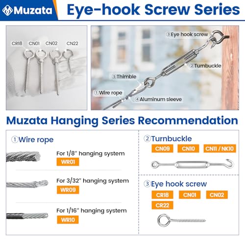 Muzata 2-inch T316 stainless steel eye screws, M4 self-tapping eye hooks for wood, 20-piece pack