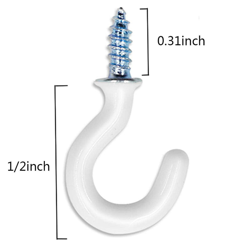 [Australia - AusPower] - 50Pcs 1/2-Inch Cup Hooks Ceiling Hooks, Plastic-Covered Metal Screw-in Hooks, White 1/2 Inch 