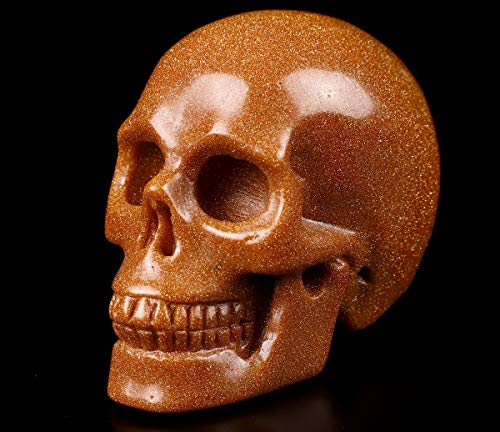 Skullis 2.0" Gold Sand Stone Crystal Skull, Hand Carved Gemstone Fine Art Sculpture, Reiki Healing Stone Statue.