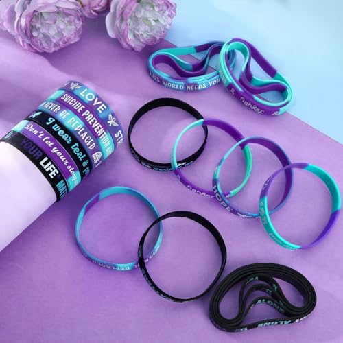 JUNEBRUSHS Silicone Wristbands for Suicide Prevention, 42 Pieces Purple Teal Inspirational Rubber Bracelets for Suicide Prevention, Awareness, Inspirational Charity Suicide Prevention Awareness Style