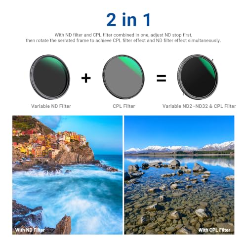 NEEWER 2 in 1 43mm Variable ND Filter ND2–ND32&CPL Filter(Circular Polarizer Filter) No X Cross/30 Layer Nano Coated/HD Optical Glass/Ultra Slim Aluminum Alloy Frame/Water Repellent/Scratch Resistant