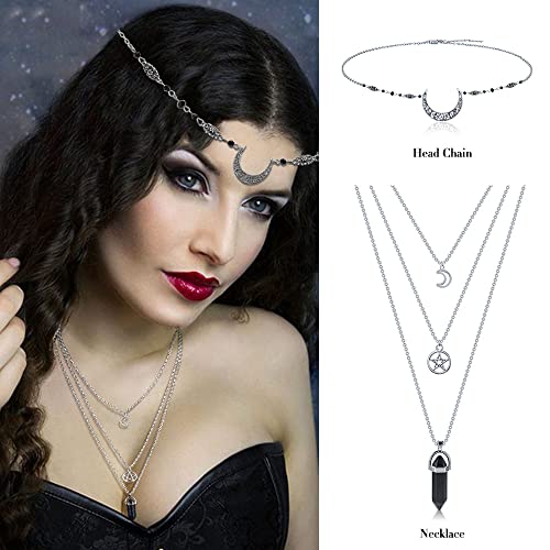 papasgix Layered Hexagonal Gemstone Healing Crystal Stone Pendant Necklaces, Pointed Quartz Amethyst Stone Pendant Necklaces with Layered Moon Star Silver Necklace(2)