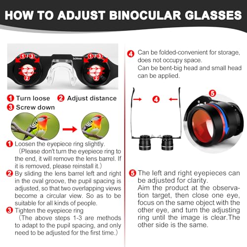 BIJIA 3X Hands-Free Binocular Opera Glasses, for concerts, theater, opera, sports events, travel, museum, close-up wildlife viewing and fishing, clear edge-to-edge optics, adjustable focus (HD lenses) Black frame, red-coated lenses