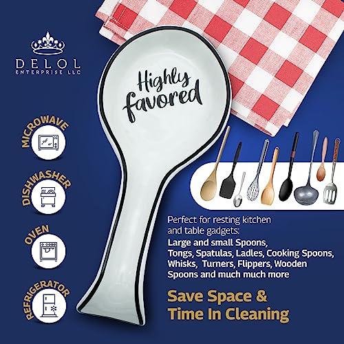 Delol Stoneware Spoon Rest for Stovetops and Kitchen Counters. Great for Kitchen Utensils like Spatulas, Spoons, and Ladles. Easy to clean. (White - Highly Favored)
