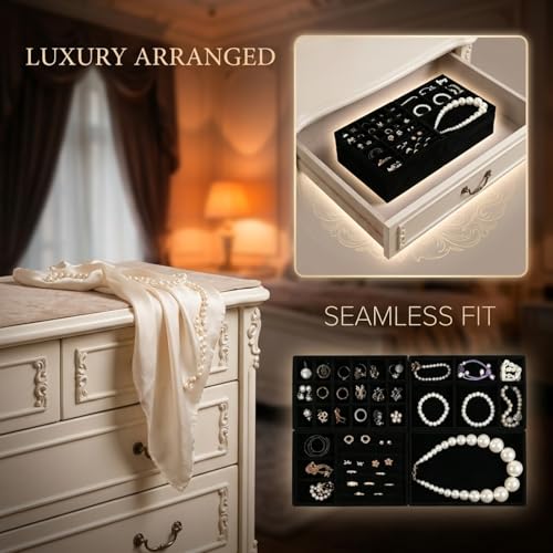 8 Pcs Jewelry Drawer Organizers, Velvet Jewelry Trays for Drawer, Stackable Jewelry Trays, Ideal for Rings, Earrings, Bracelets, Necklaces, Black
