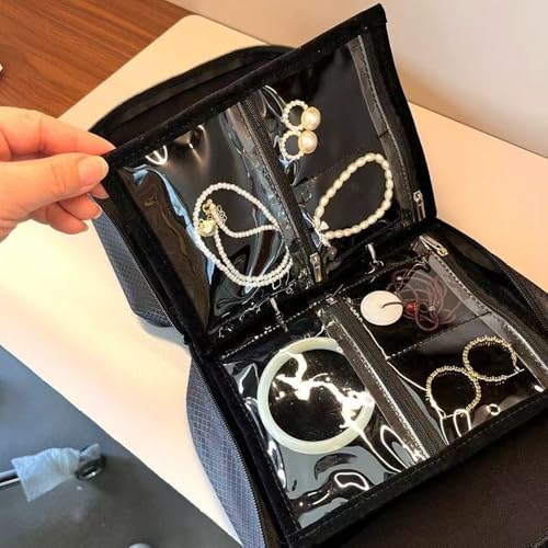 GSXRB Waterproof Anti-Tarnish Jewelry Organizer for Travel - Large Capacity Foldable Jewelry Box with 36 Compartments, Portable Earring Necklace Ring Organizer (Black) Black