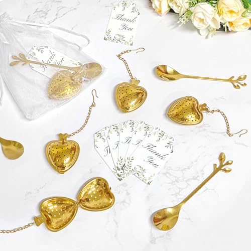 30 Sets Bridal Shower Tea Party Favor for Guests Leaf Tea Spoon Heart Tea Infuser for Loose Leaf Tea Steeper with Thank You Card Organza Bags for Wedding Gift Souvenirs Decoration (30, Gold) 30