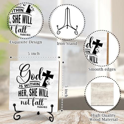 Christian Wooden Sign - God Is Within Her She Well Not Fall - Desk Decor Sign With Stand, Home Office Decor Funny Gifts Office Table Desk Decor Accessories & Supplies, 5X5 Inches-A36