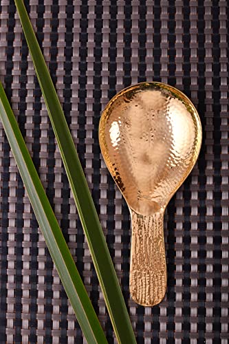 DeKulture handmade brass rice serving spoon with gold finish, flatware style, 7.9 inches long, food-grade tableware.
