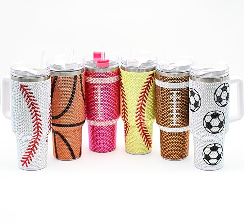 Baseball 40 Oz Rhinestone Bling Tumbler Cup with Handle and Straw