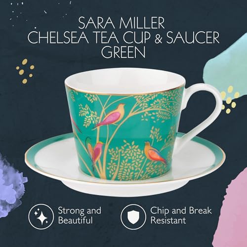Portmeirion Sara Miller London Chelsea Teacup and Saucer, Green | 8 Oz Cup for Drinking Tea and Coffee | Made from Fine China with Gold Detail | Handwash Only