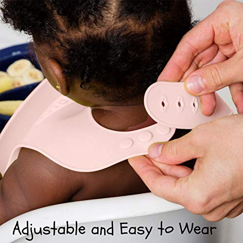 EVLA'S Baby Feeding Set, Baby Led Weaning Supplies, Adjustable Silicone Bibs, Divided Plate, Suction Bowl with Lid, Soft Spoons for Babies or Toddlers, Baby Registry must have!(Pink and Gray) Pink & Grey