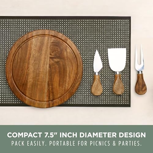 TOSCANA - a Picnic Time brand Acacia Brie Cheese Board and Knife Set - Charcuterie Board Set - Wood Cutting Board, (Acacia Wood) 7.5 Inches 7.5" Diameter - 4 Piece Set Acacia Wood