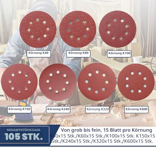 Stebruam Pack of 105 Sandpaper 125 mm Velcro for Random Orbital Sanders | Professional 125 sanding discs for 8 hole round random orbital sanders sanding (with grit 40/60/100/150/240/320/600) Pack of 105 - Grit 40,60,100,150,240,320,600