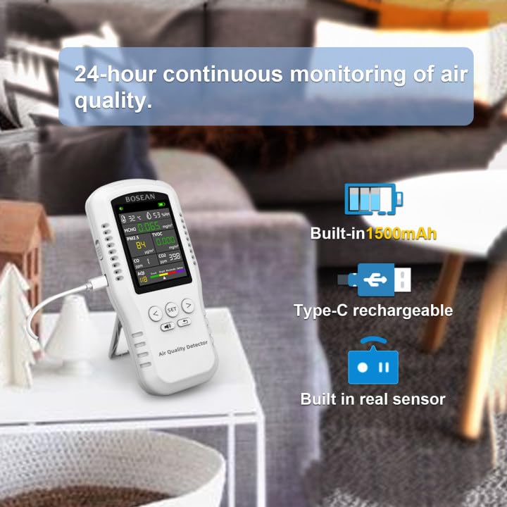 [Australia - AusPower] - 8-in-1 Indoor Air Quality Monitor, Formaldehyde Detector, Temperature & Humidity Meter, Sensor, Tester Detect PM2.5, CO, CO2, HCHO,TVOC,AQI Micron Dust, Home Air Test Kits 