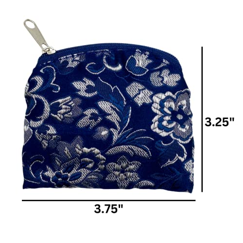 Needzo Blue and Silver Tone Tapestry Rosary Pouch, Religious Case for Keepsake Pendants or Jewelry, Pocket Sized Zipper Mini Bag, 3.75 Inches