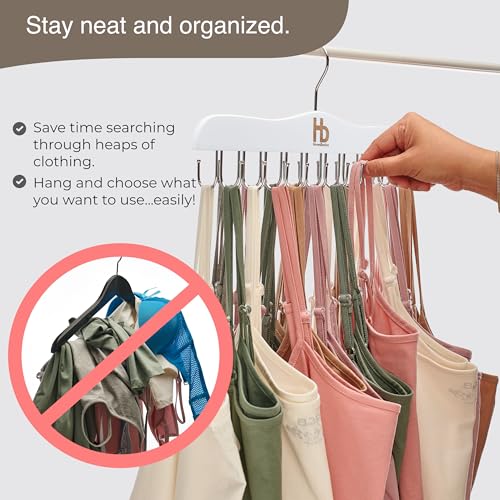 Large Bra Hanger and Bra Organizer for Closet – Tank Top Hanger Space Saving for House, Dorm, Apartment - Foldable Wooden for Closet Organizer– with 20 Hooks, Lotus Wood, White, 2 Pack White - 2 Qty