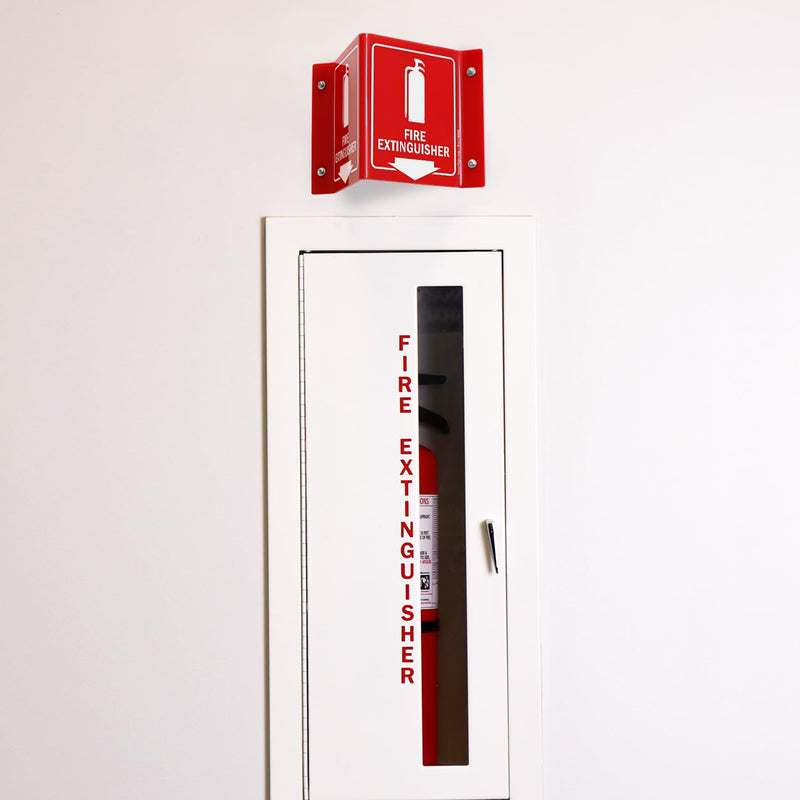 SmartSign (4-Pack) Fire Extinguisher Projecting Sign with Down Arrow - 5" x 6", Two-Sided Wall Mount Polished Acrylic Corridor V-Sign, White on Red #2. Red Acrylic - Pack of 4